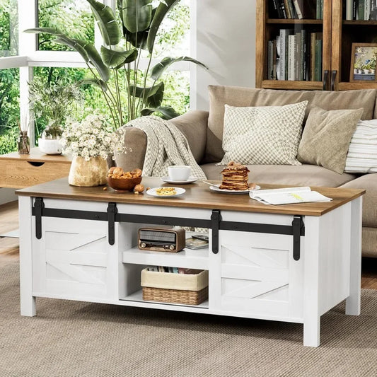 Farmhouse Coffee Table With Adjustable Shelves