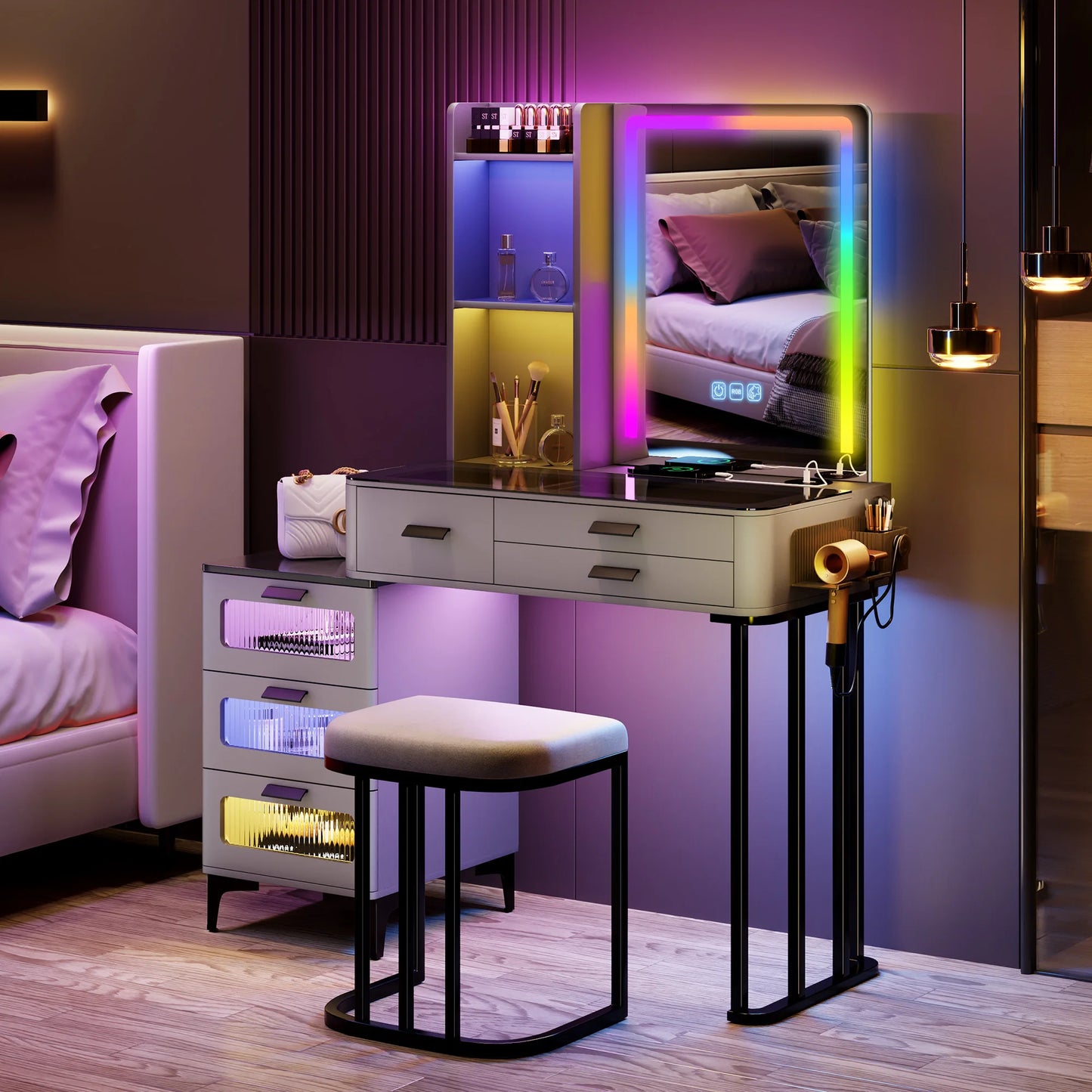 Makeup Vanity Desk With Mirror RGB Lights & Charging Station