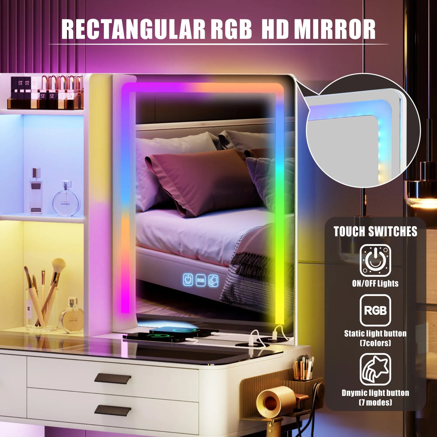 Makeup Vanity Desk With Mirror RGB Lights & Charging Station