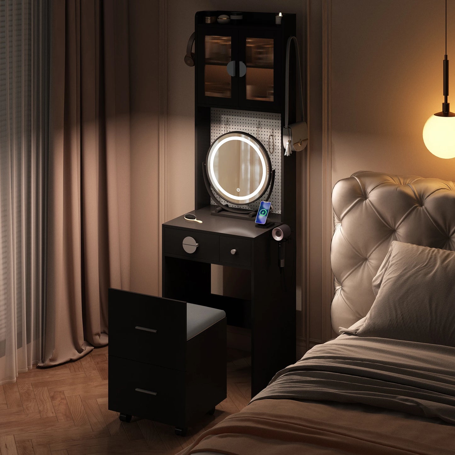 Small Vanity Desk with Mirror & LED Lights Charging Station